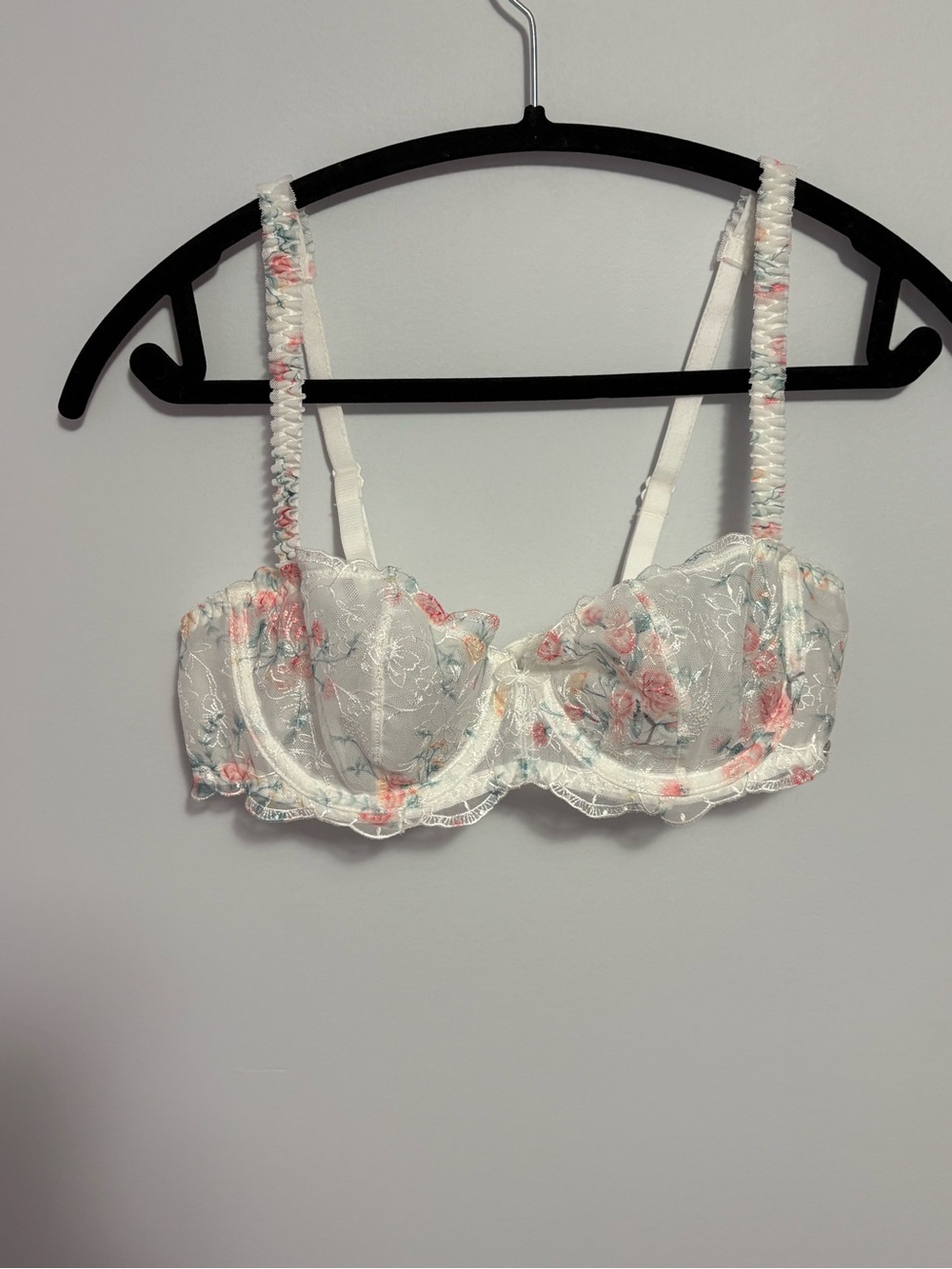 Floral Lace Underwire Balconette Bra - White with Pink Roses